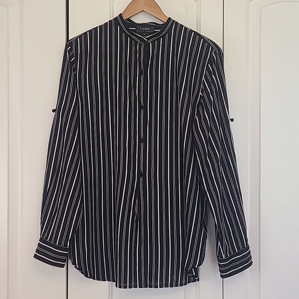 Lauren Ralph Lauren Shirt Top Striped Cotton Button Up Mandarin Collar Size XL